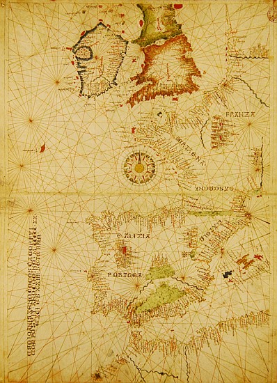 The Atlantic Coasts of Europe and Africa, from a nautical Atlas, 1520(see also 330911-330912) a Giovanni Xenodocus da Corfu