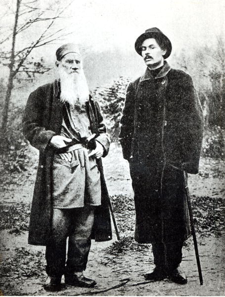 Maxim Gorky (Aleksei Maksimovich Peshkov) visiting Lev Tolstoy at Yasnaya Polyana in 1900 (b/w photo a Russian Photographer