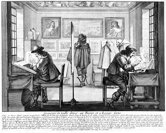 Plate engravers working with gallery behind a Abraham Bosse