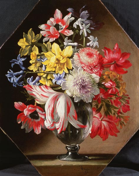 A Glass Vase of Flowers on a Stone Ledge Containing Tulips, Chrysanthemums, Roses and Bluebells a Abraham Brueghel
