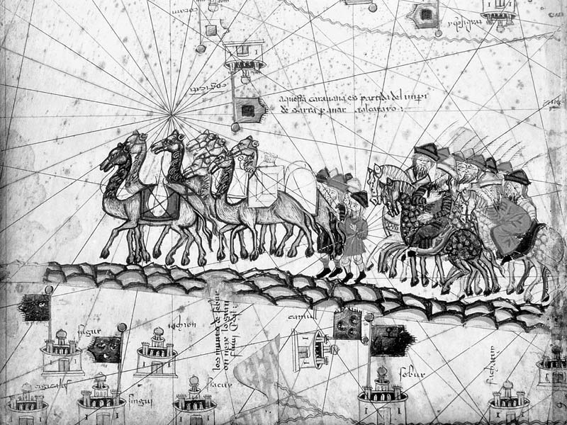 Ms Esp 20 panel 4 Caravans Crossing The Urals on the way to Cathay, from the Catalan Atlas of Charle a Abraham Cresques