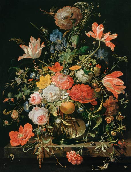 A glass with flowers and orange branch a Abraham Mignon