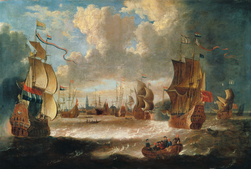 Ships in a lagoon a Abraham Storck