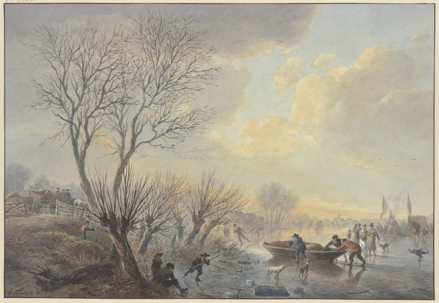 Winterlandschaft, auf dem Eis schieben drei Männer ein Boot dem Land zu, dabei zwei Hunde stehend a Abraham Teerlink