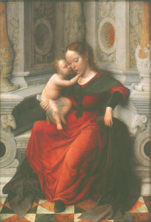 Madonna with child in a niche sitting enthroned a Adriaen Isenbrant
