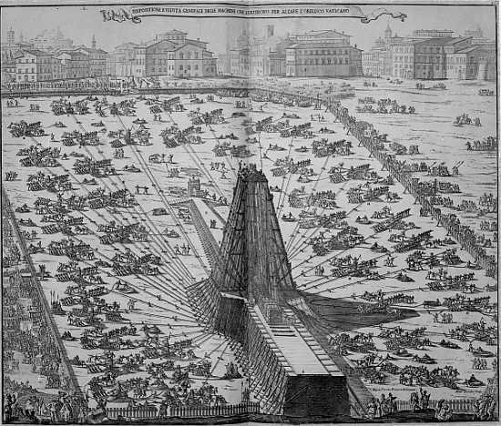 Erecting the Ancient Egyptian Obelisk in St. Peter''s Square, Rome; engraved by Niccola Zabag a (after) liaItalian School