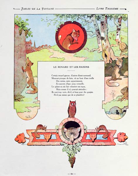 The fox and the grapes, illustration from ''Fables'' Jean de la Fontaine, 1906 edition a (after) Benjamin Rabier