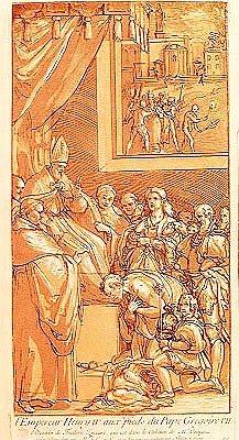 Emperor Henri IV (1050-1106) at the feet of Pope Gregory VII (1020-85) ; engraved by Nicolas Le Sueu a (after) Federico Zuccari or Zuccaro