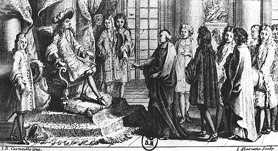 Members of the French Academy presenting the dictionary to Louis XIV (1638-1715) in 1694; engraved b a (after) Jean-Baptiste Corneille