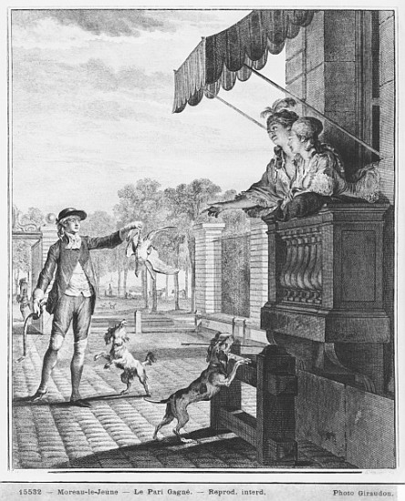 Taking up a bet; engraved by Camligue (fl.1785) c.1777 a (after) Jean Michel the Younger Moreau