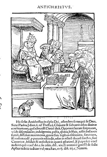 The Pope selling Indulgences from ''Passional Christi und Antichristi'' Philipp Melanchthon, publish a Lucas il Vecchio Cranach il Vecchio