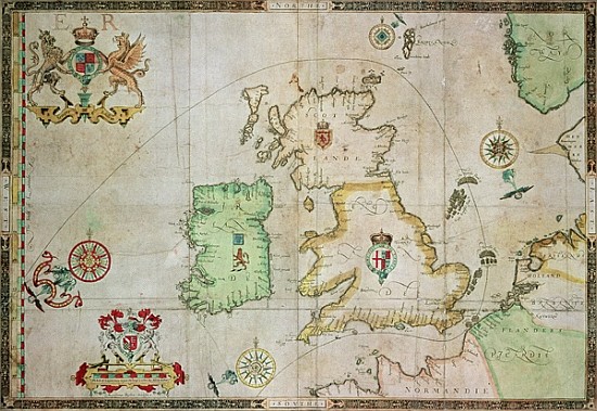 Map showing the route of the Armada fleet; engraved by Augustine Ryther, 1588 (see 133339 for b/w) a (after) Robert Adams