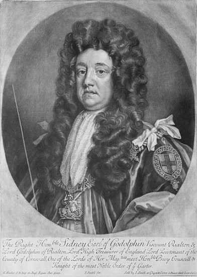 Portrait of Sidney Godolphin (1645-1712) 1st Earl of Godolphin ; engraved by and published by  John  a (after) Sir Godfrey Kneller