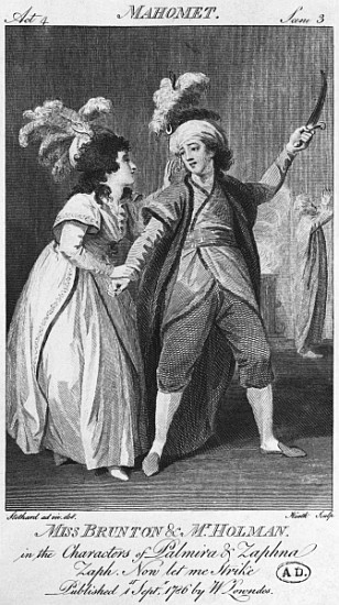 Miss Brunton and Mister Holman as Palmira and Zaphna, illustration from Act IV, Scene 3, of ''Le Fan a (after) Thomas Stothard