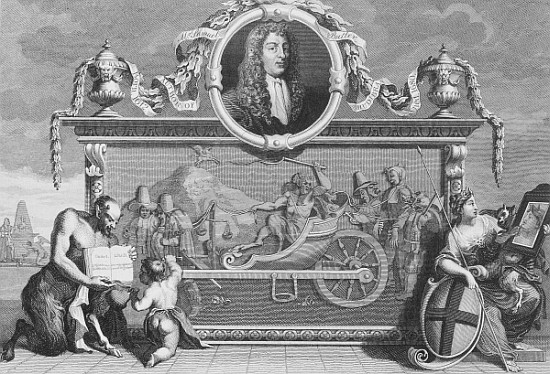 Frontispiece for ''Hudibras'' including a portrait of Samuel Butler; engraved by Cosmo Armstrong a (after) William Hogarth