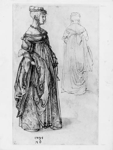 Frau in venezianischem Kostuem, daneben dasselbe Kostuem von rueckwaerts a Albrecht Durer