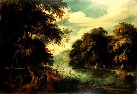 Forest landscape with birdcatchers beside a river (panel) a Alexander Keirincx