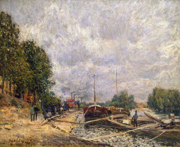 Barges at Billancourt a Alfred Sisley