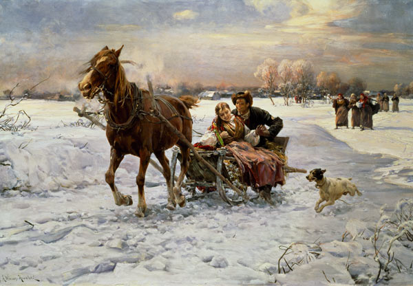 Lovers in a sleigh a Alfred von Wierusz-Kowalski