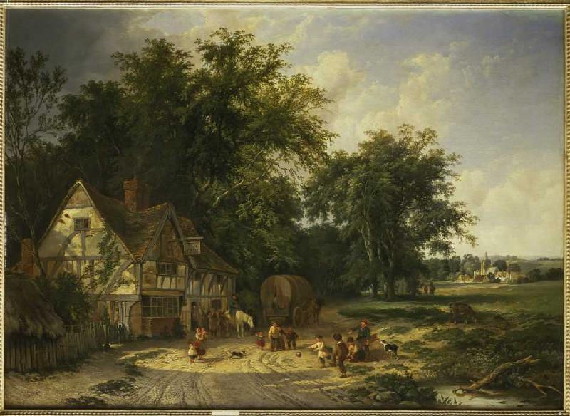 Ball playing boys in front of the pub of The Gun a Alfred Walter Williams