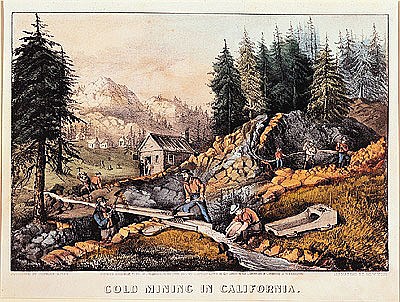 Gold Mining in California, published by  Currier & Ives a Scuola Americana