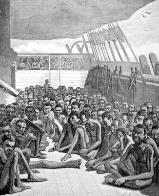 Slaves from Africa packed on the deck of a slaver ship bound for America (engraving) a Scuola Americana