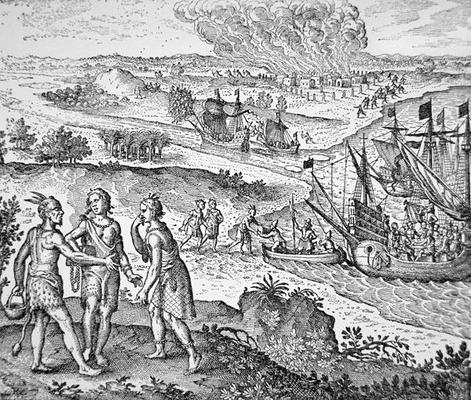 Pocahontas is enticed aboard the English ship to Jamestown (engraving) a American School, (17th century)