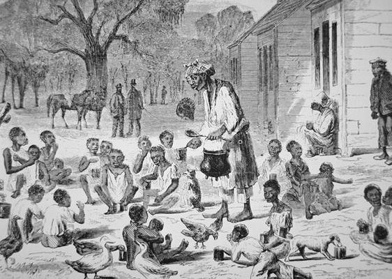 A cook feeding slave children on a Southern plantation, c.1860 (engraving) a American School, (19th century)