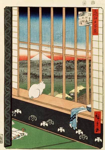 A cat sitting on the window seat a Ando oder Utagawa Hiroshige