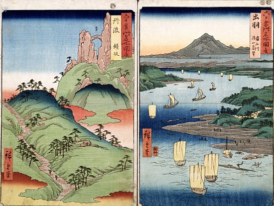A landscape and seascape, two views from the series ''60-Odd Famous Views of the Provinces'', pub. K a Ando oder Utagawa Hiroshige