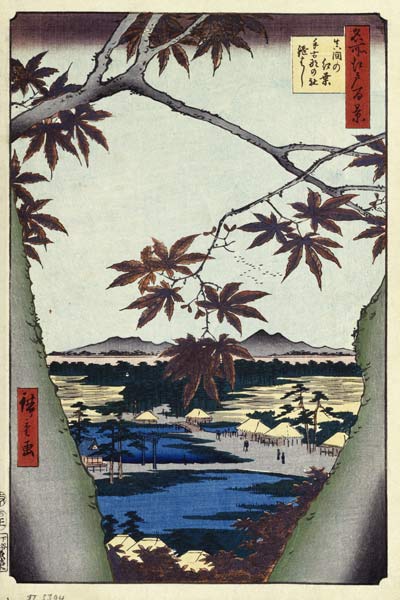 Maple Leaves and the Tekona Shrine and Bridge at Mama (One Hundred Famous Views of Edo) a Ando oder Utagawa Hiroshige