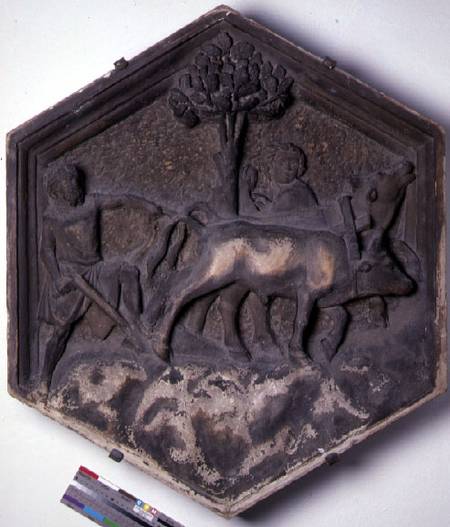 The Art of Agriculture, hexagonal decorative relief tile from a series depicting the practitioners o a Andrea Pisano