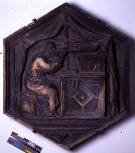 Music, hexagonal decorative relief tile from a series depicting the Seven Liberal Arts possibly base a Andrea Pisano