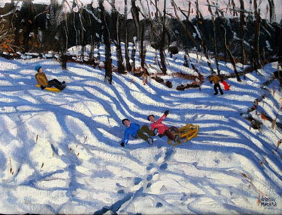 Two boys falling off a sledge, Morzine (oil on canvas)  a Andrew  Macara