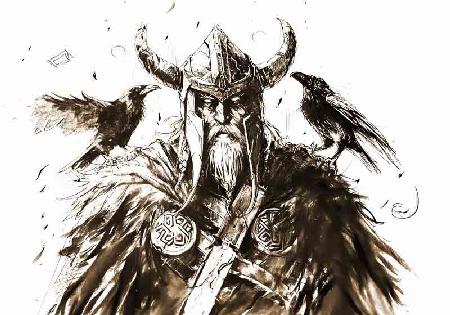 Disegno a matita di Allvater Odin, la divinità principale della mitologia norrena, in compagnia dei