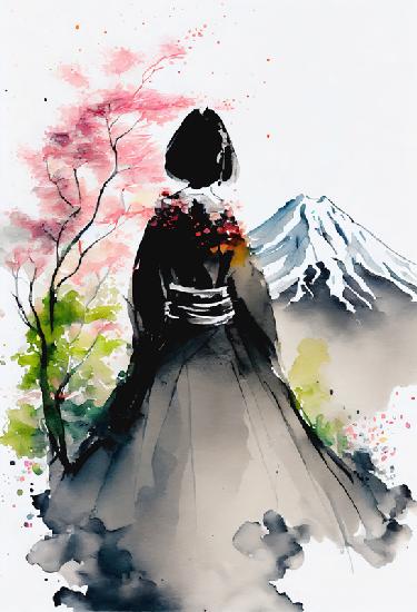  La geisha giapponese guarda il paesaggio con il Monte Fuji innevato