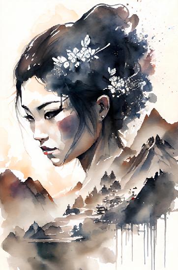 Geisha giapponese con fiori tra i capelli davanti a un paesaggio di montagna. Acquerello.
