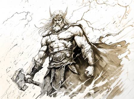 Disegno a matita del dio norreno Thor che brandisce il suo potente martello, Mjölnir, mentre i fulmi