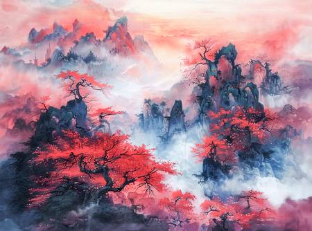 Paesaggio montano cinese in autunno. Alberi di acero rosso.