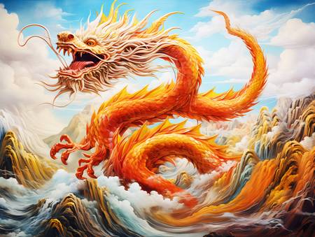Drago cinese dorato su mare e montagne. Anno del drago.