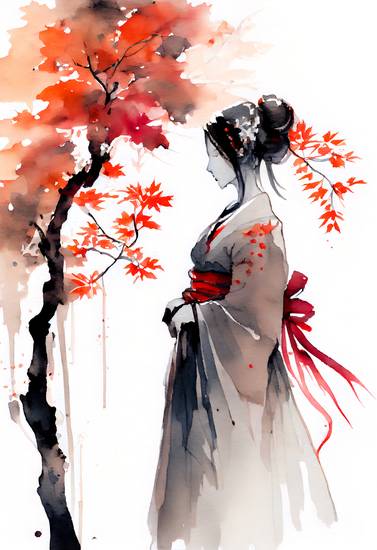 Geisha giapponese con albero di acero autunnale. acquerello