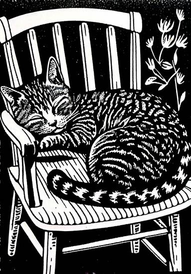  Il gatto dorme sulla sedia da giardino. linoprint