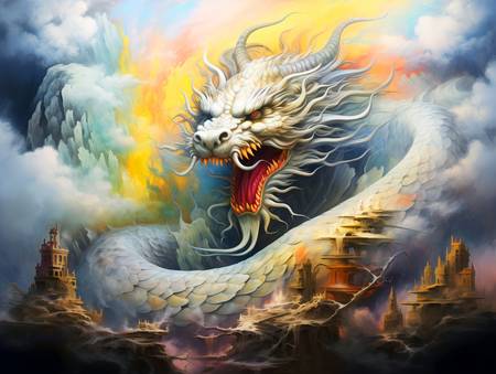 Volo magico del drago sopra il mare nebbioso. Anno del Drago con drago cinese.