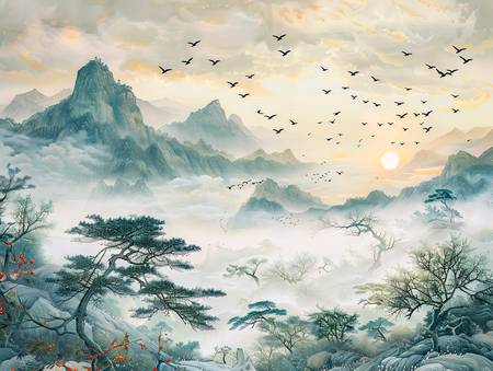 Sole del mattino sulle montagne della Cina. Stormo di uccelli.