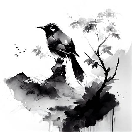 Pennello e piuma: un uccello d\\\'inchiostro catturato dal fascino della pittura asiatica