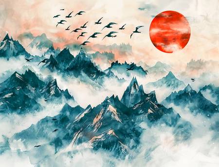 Uccelli volano sopra le montagne della Cina verso il sole rosso.