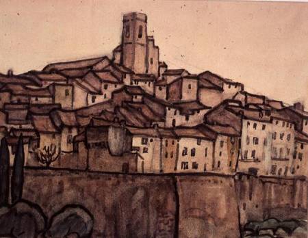 View of a Walled Town with Roof Rising to a Square Tower on a Hill a Anne L. Falkner