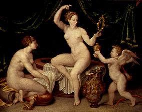 Venus looks at herself after the bath in the mirror, hands Amor the ointment saucepan a Anonimo, Haarlem