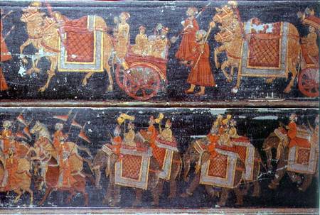 Detail from two painted wood panels depicting processions with soldiers, carriages, oxen and elephan a Anonimo
