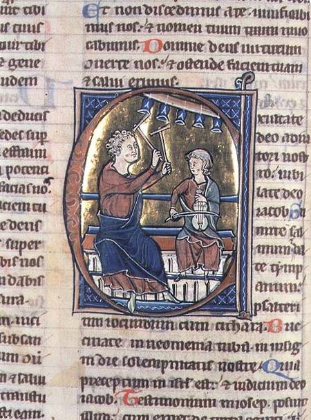 Historiated initial 'C' depicting two musicians, one playing the viol and the other the bell chimes a Anonimo